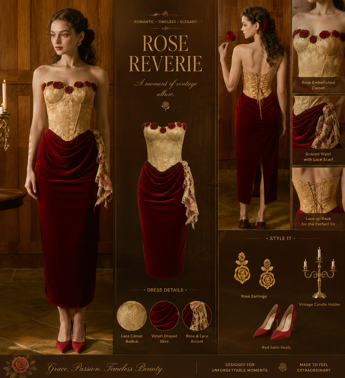 AIIZIE Claire Wild Rose Corset Maxi Dress Gold Red Rose Reverie editorial image