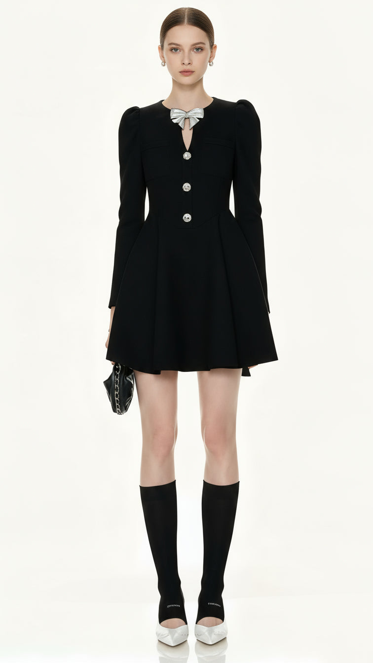ITALIA CHIC BLACK BOW MINI DRESS - ELEGANT LONG SLEEVE STATEMENT