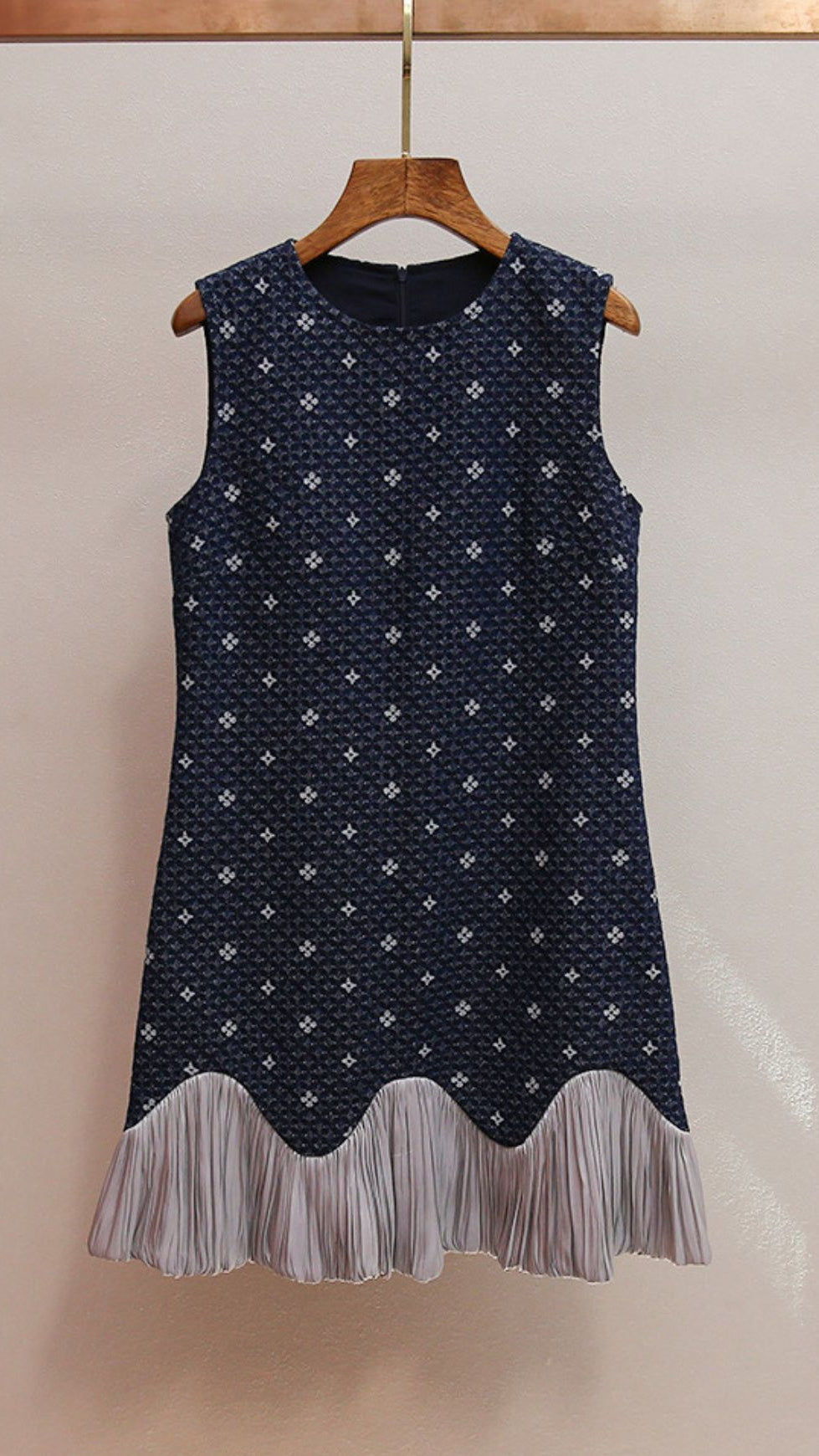 HASIKA NAVY GEOMETRIC SLEEVELESS MINI DRESS | UNIQUE WAVY PLEATED HEM