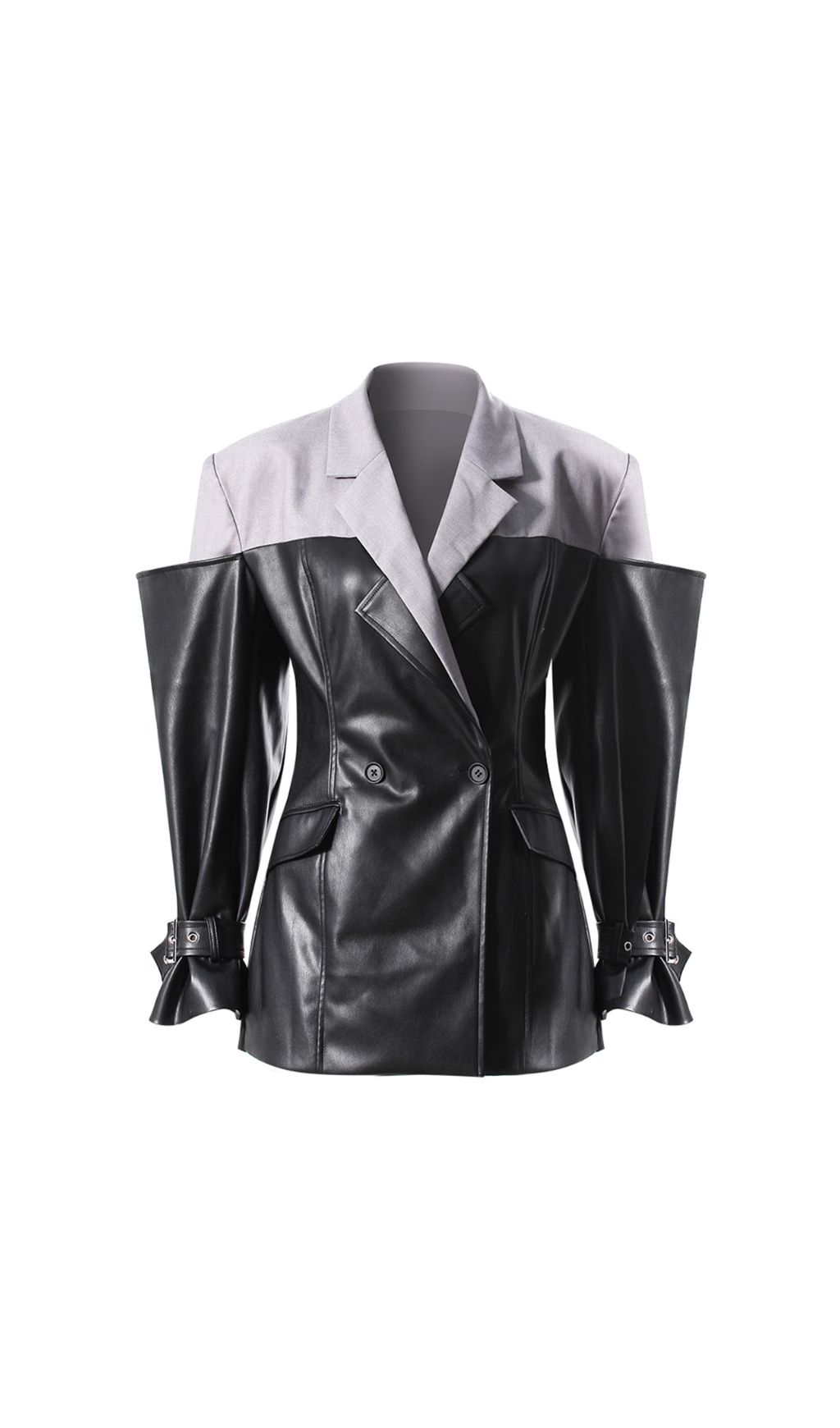 IANTH TWO-TONE EDGY PU LEATHER STATEMENT BLAZER JACKET FOR WOMEN