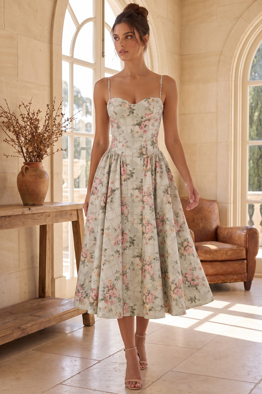 Pale Sage Green Structured Woven Cotton or Jacquard Fit-and-Flare Dress