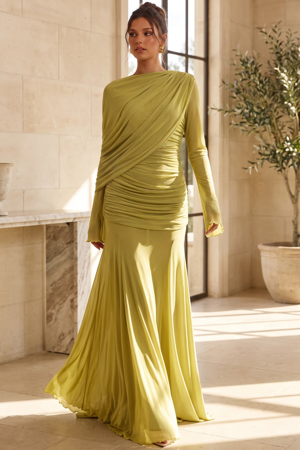 Chartreuse Ruched Mesh Gown