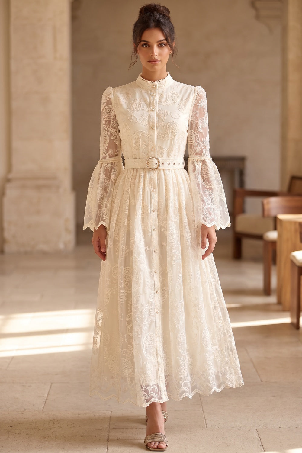 Cream Embroidered Floral Lace A-Line Dress