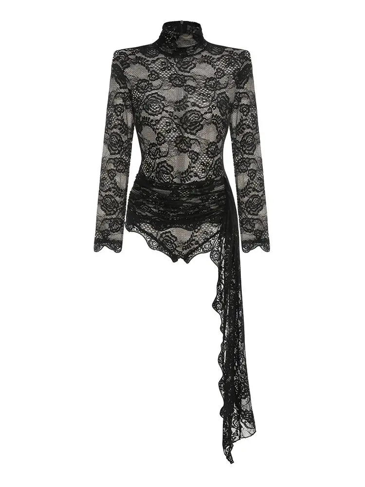 ZANNA SCHWARZER BODYSUIT AUS BESTICKTER SPITZE MIT HOCHKRAGEN