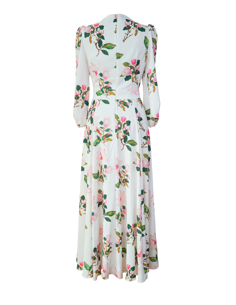 WHITE VINTAGE COURT - STYLE HIGH - NECK FLORAL CHIFFON MAXI DRESS