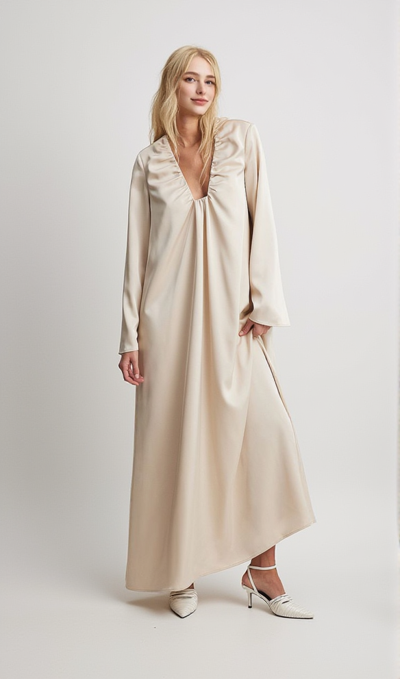 MAXIKLEID AUS SATIN MIT GERAFFTEM AUSSCHNITT