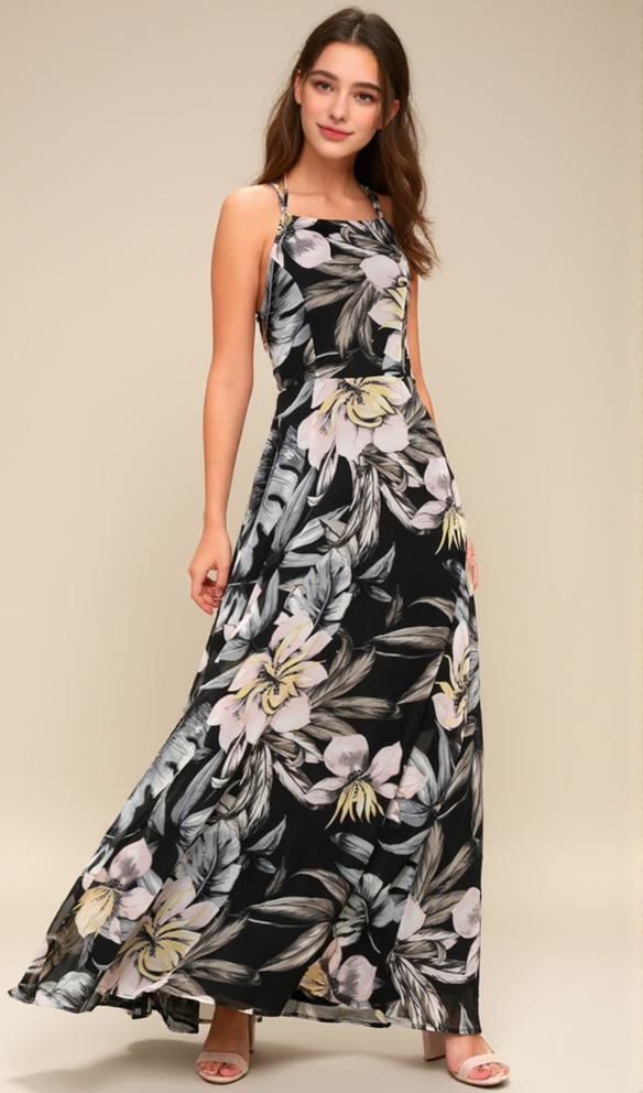 Black Floral Print Lace-Up Maxi Dress