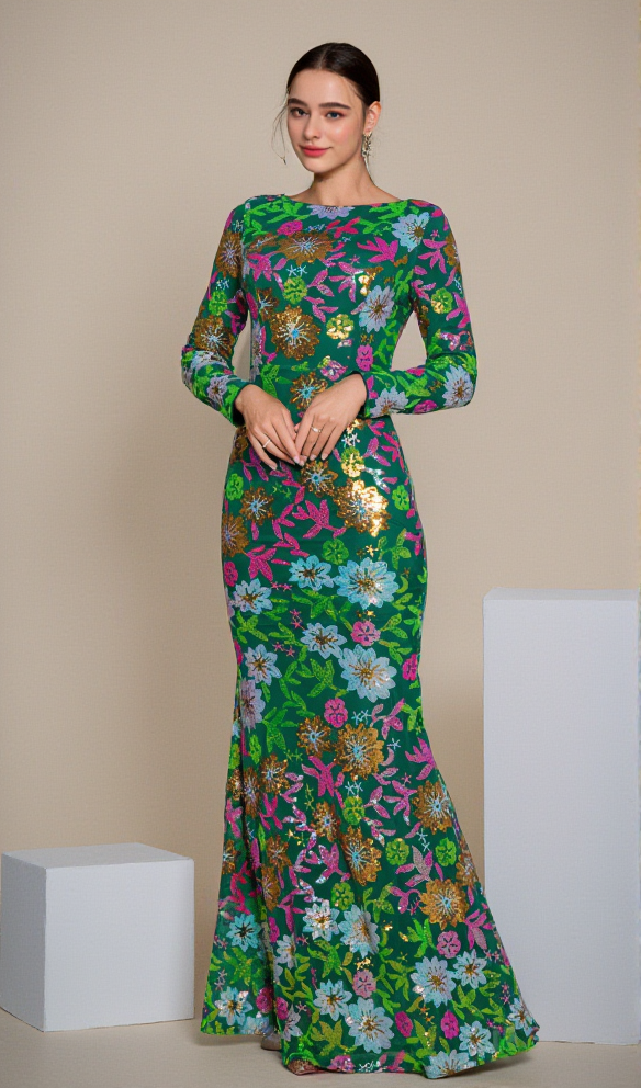 ABITO LUNGO CON SCOLLO ROTONDO E MANICHE LUNGHE IN PAILLETTES VERDE