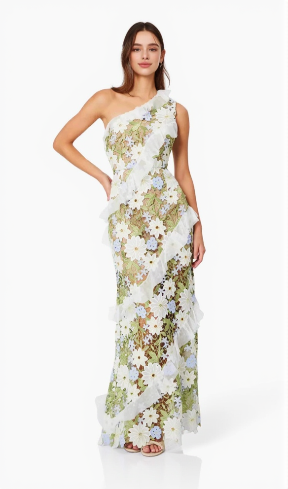 Geblümtes One-Shoulder-Maxikleid aus Spitze in Grün