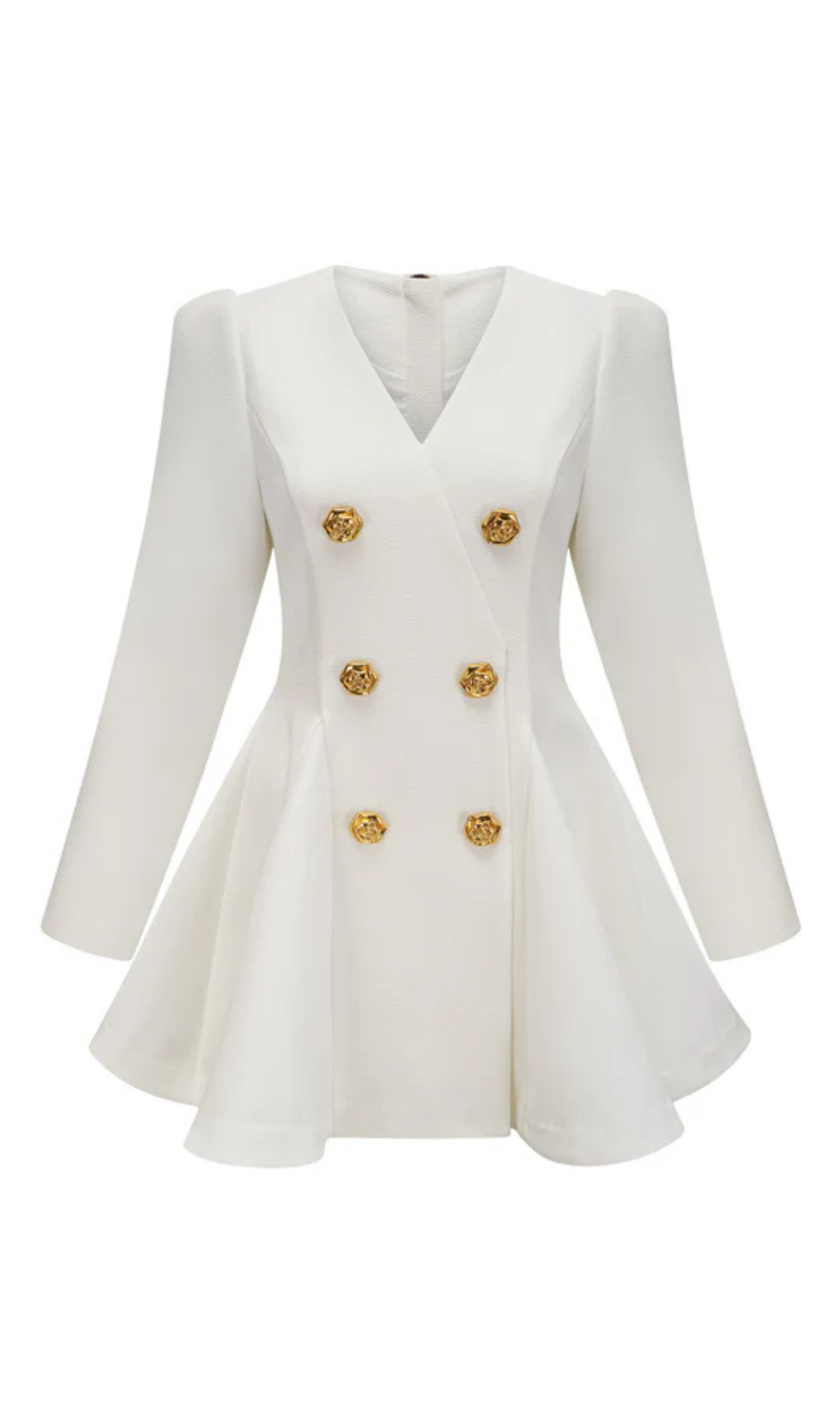 GOLD-BUTTON PLEATED PEPLUM-HEM WHITE BLAZER DRESS
