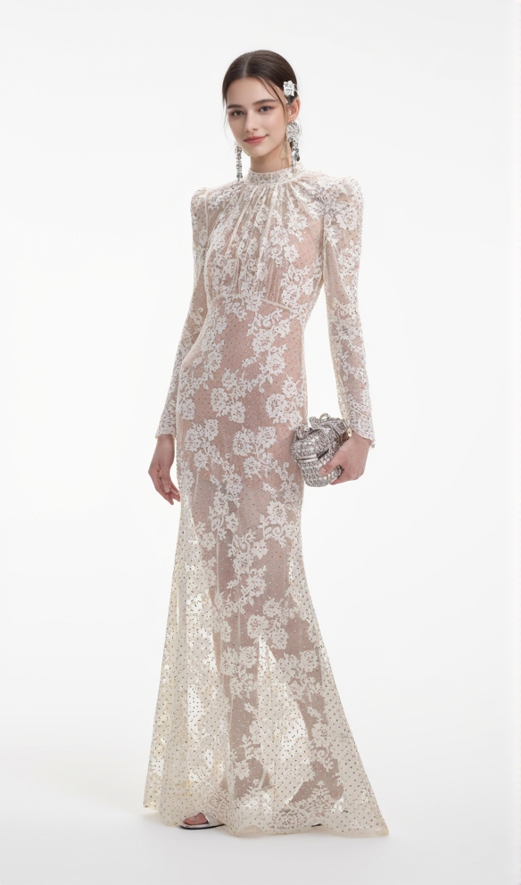 WHITE RHINESTONE LACE MAXI DRESS