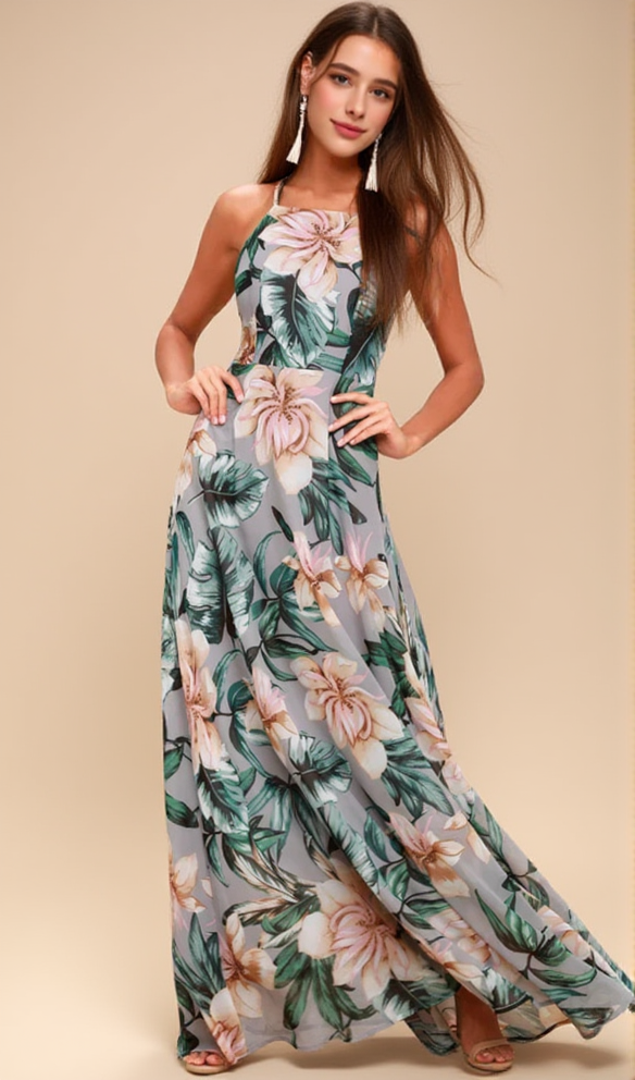 Grey Floral Print Lace-Up Maxi Dress