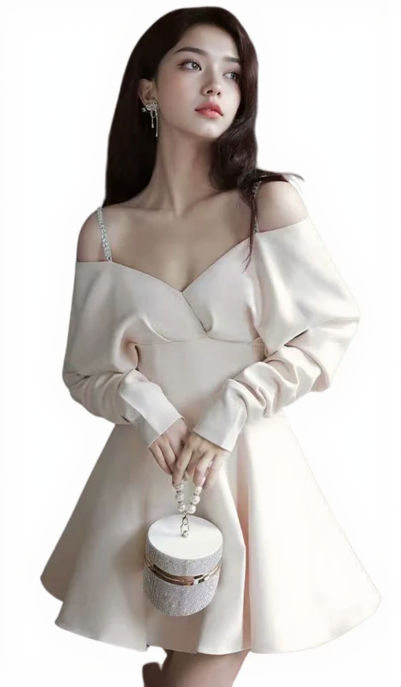 V-NECK LONG-SLEEVED A-LINE SUSPENDER DRESS