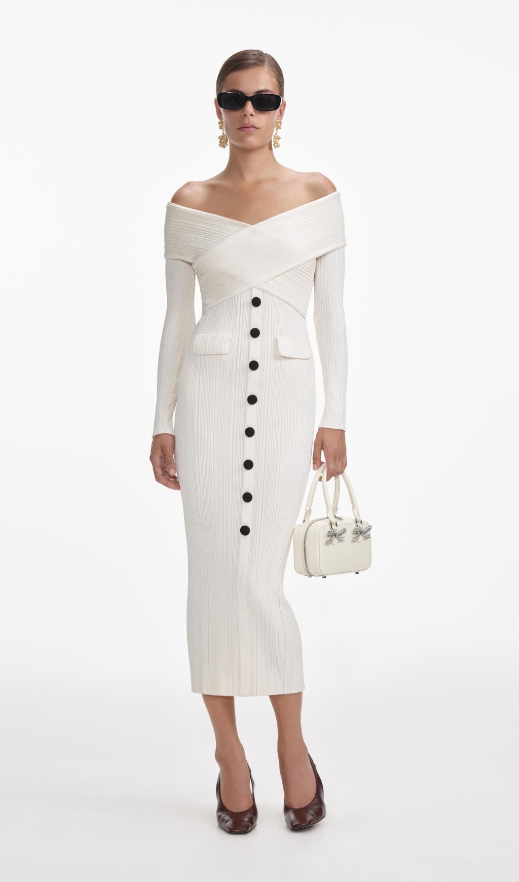 CREAM OFF SHOULDER KNIT MIDI DRESS