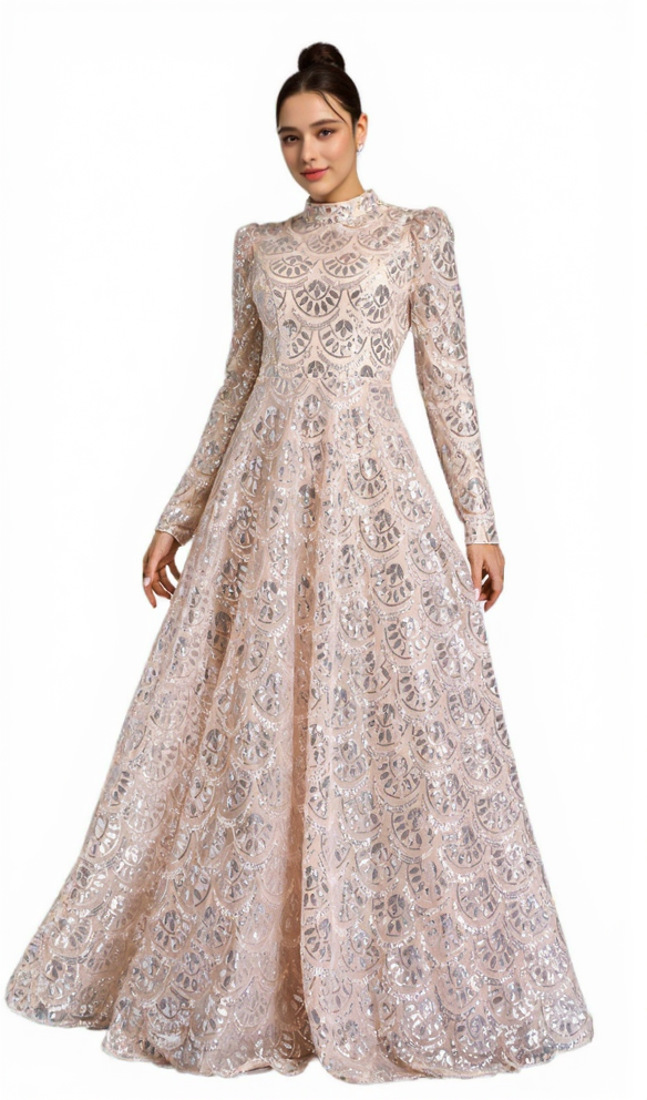 ABITO LUNGO A MANICHE LUNGHE CON PIZZO SUL RETRO E PAILLETTES ORO