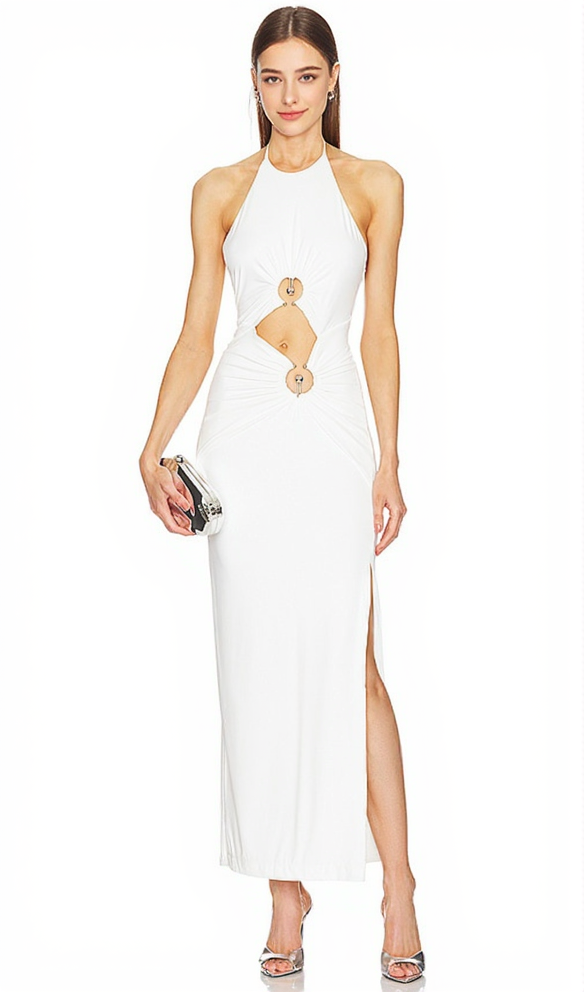 HOLLOW CUT OUT SLIT HALTER MAXI DRESS IN WHITE
