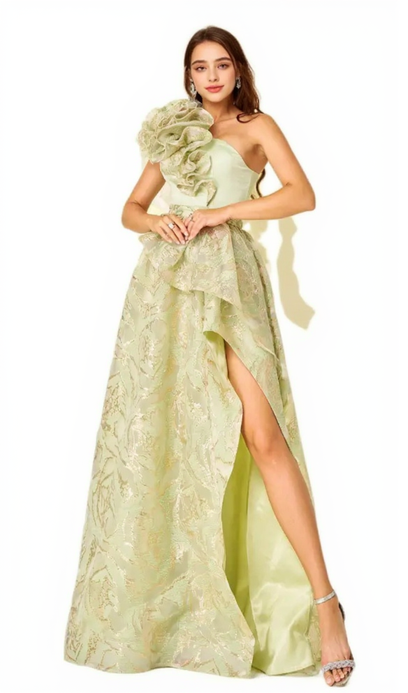 ABITO MONOSPALLA CON SPACCO FLOREALE DORATO IN VERDE