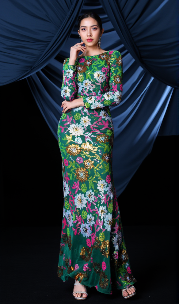 AALIYAH – Rundhalskleid mit Blumenmuster und Pailletten in Grün