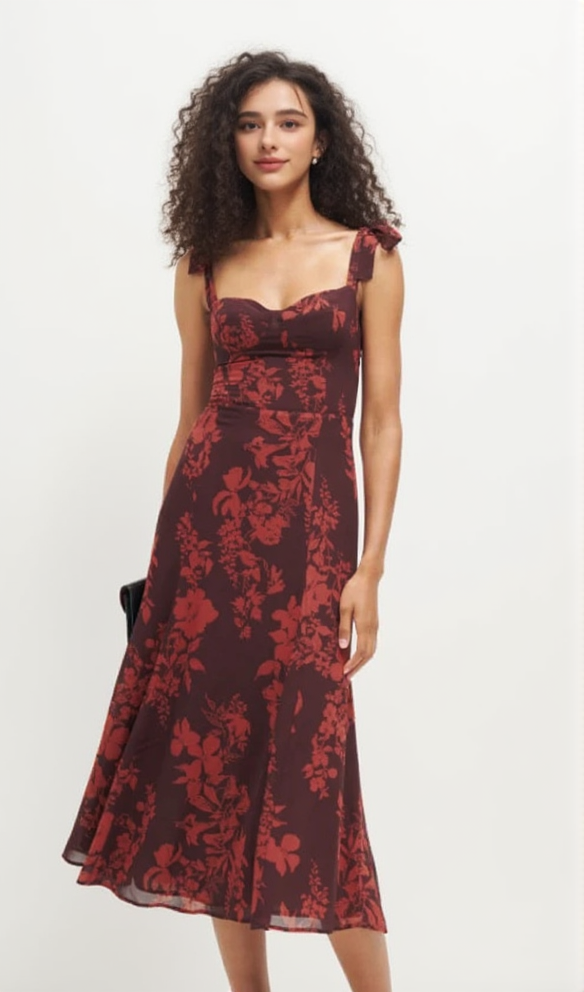abito midi con stampa floreale e spalline a fiocco color bordeaux