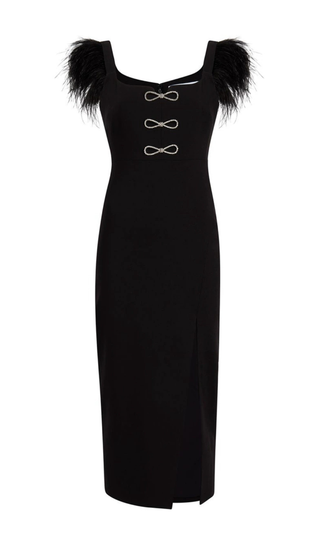 CARI SCHWARZES MIDIKLEID MIT SCHLEIFE UND FEDERN