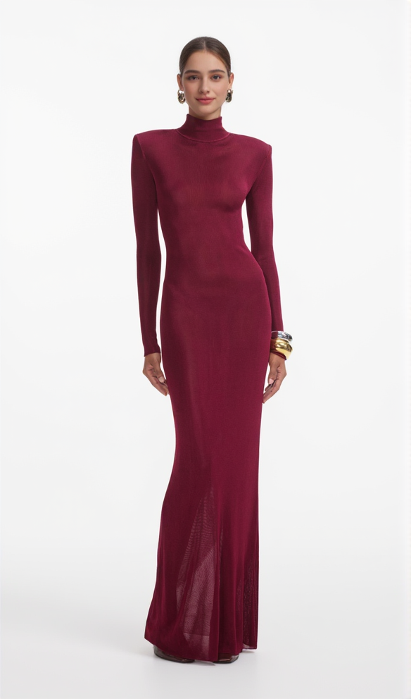 BURGUNDERROTES MAXIKLEID AUS VISKOSESTRICK