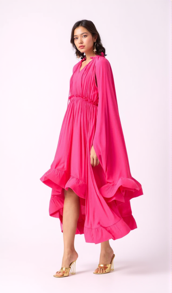 MAXIKLEID MIT RÜSCHENBESATZ IN ROSENROT