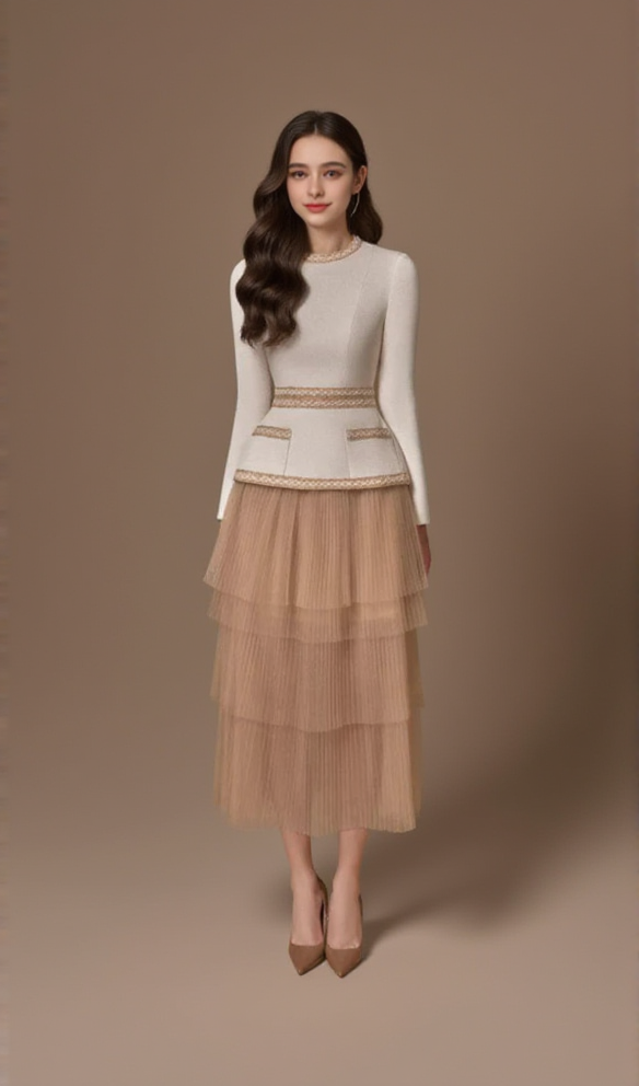 KAITY LAYERED SKIRT SET IN BEIGE
