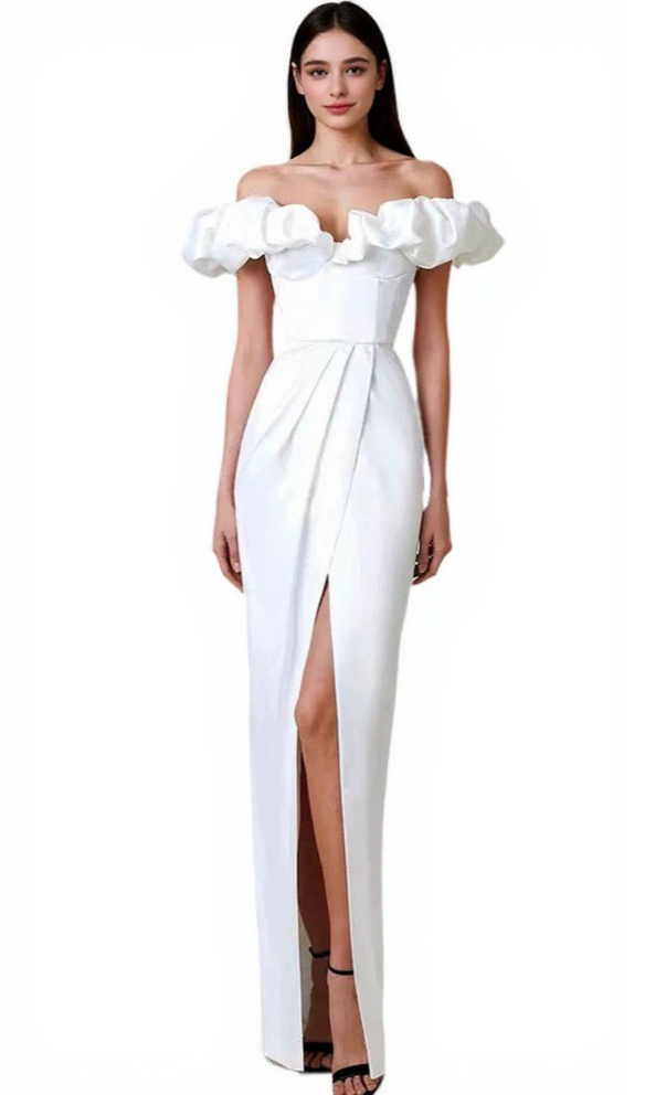 GLADYS WHITE CRYSTAL OFF-SHOULDER MAXI SPLIT DRESS