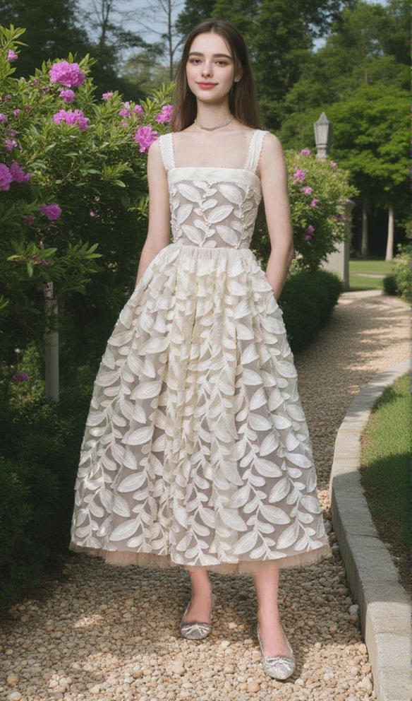 FAE A-LINE SQUARE NECK LACE MIDI DRESS IN CREAM WHITE