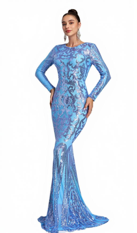 ABITO LUNGO A MANICHE LUNGHE CON PAILLETTES BLU