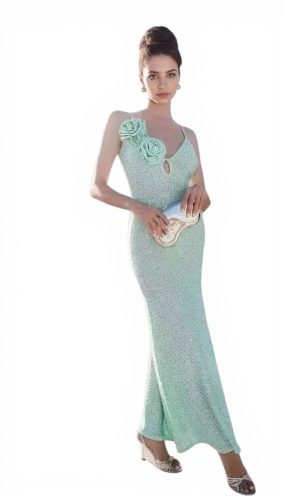 Petrolfarbenes, figurbetontes Maxikleid mit Blumen und Pailletten