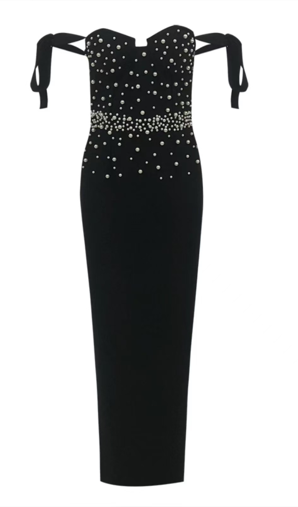PEARL EMBELLISHED BACKLESS BODYCON MAXI DRESS