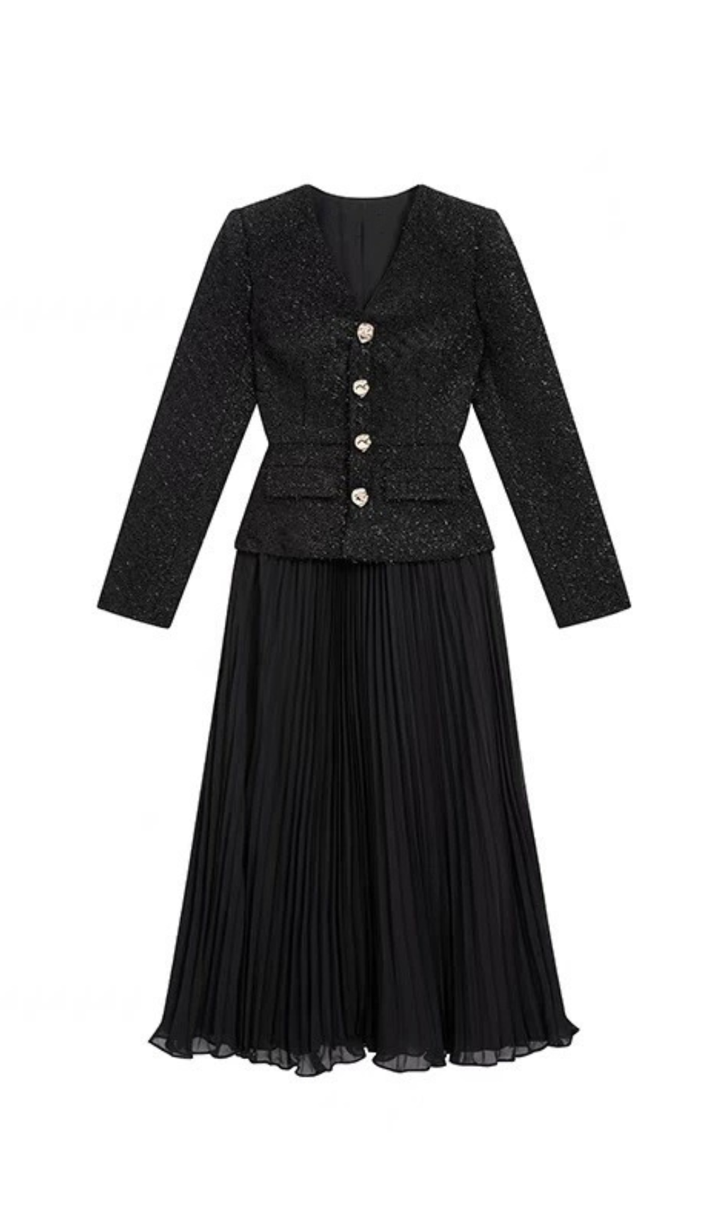 SCHWARZES MIDIKLEID AUS LAMINAT-BOUCLE-CHIFFON