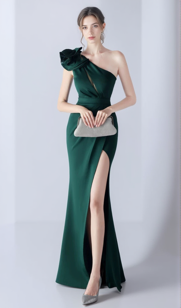 ABITO LUNGO MONOSPALLA CON FIORI E SPACCHI DEBBY GREEN