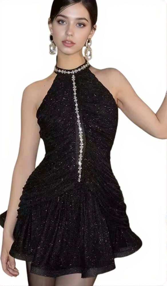 AMENAE – Verziertes, gerüschtes Minikleid in Schwarz