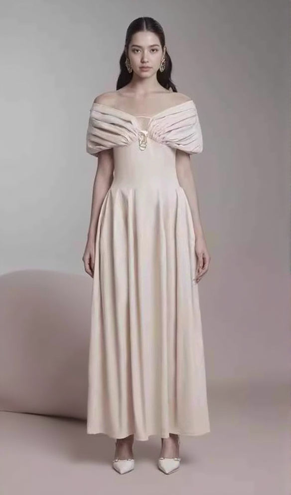 RUCHED SHOULDER MAXI DRESS IN APRICOT