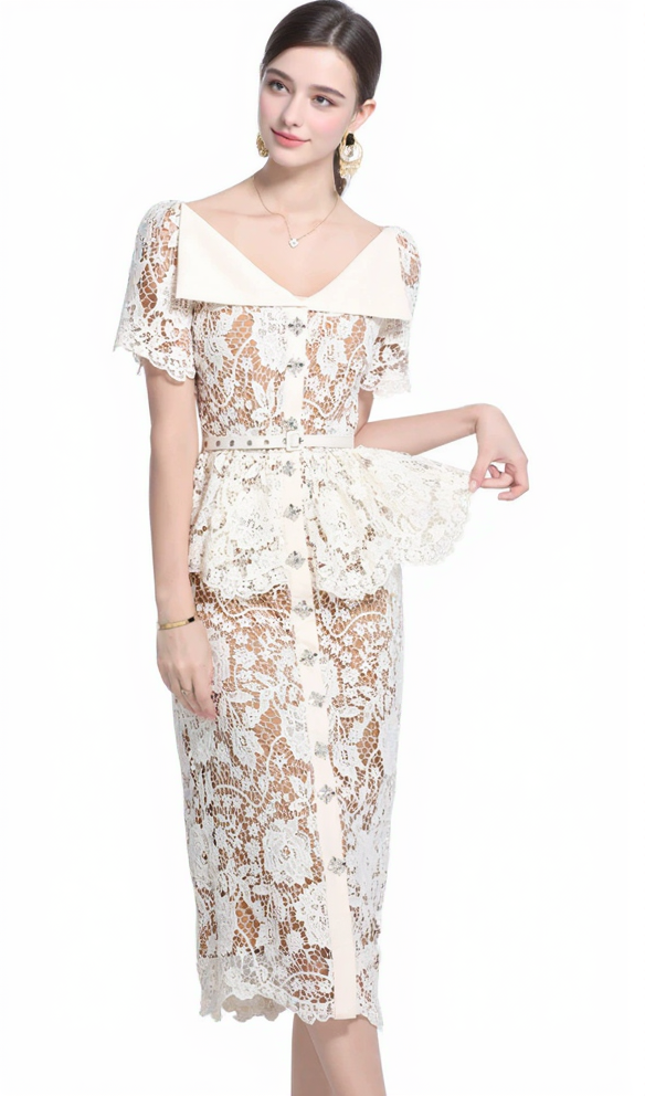 CREAM LACE PEPLUM MIDI DRESS