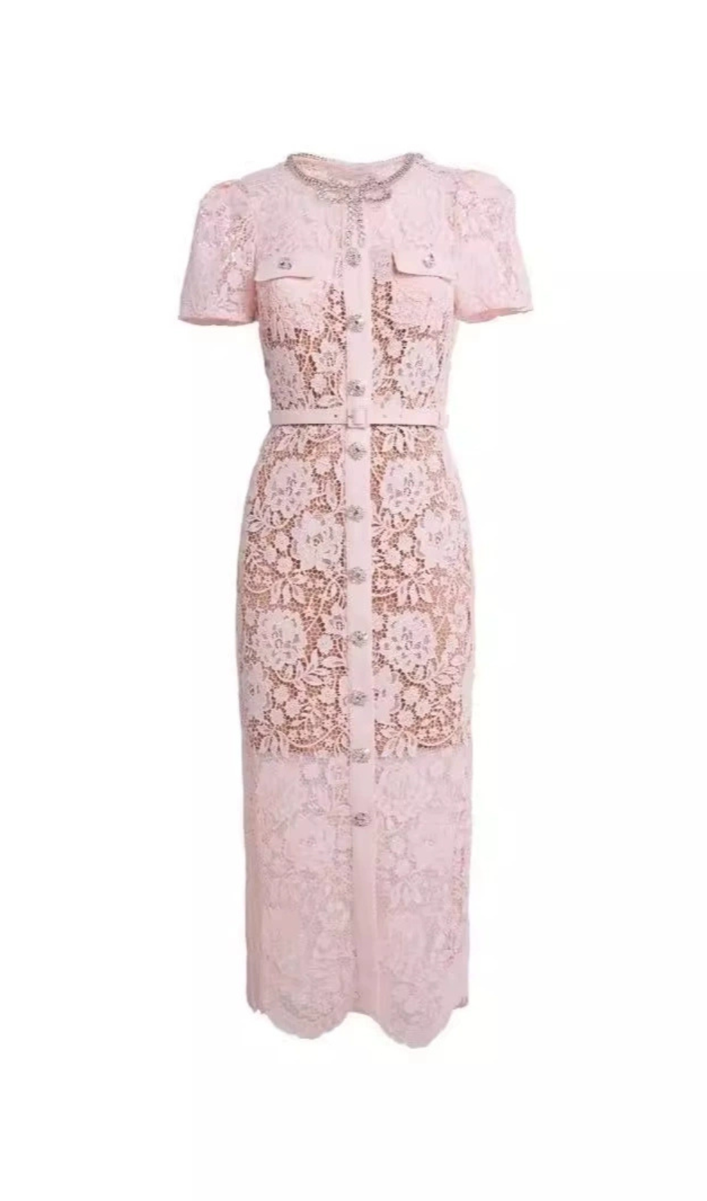 PINK MIDIKLEID AUS SPITZE MIT DIAMANTENSCHLEIFE