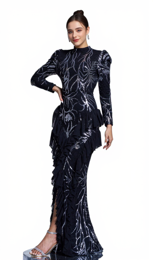 Maxikleid mit Rüschenbesatz und Paillettenprint in Schwarz