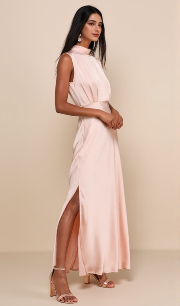 Ärmelloses Maxikleid aus Satin mit Stehkragen in Rosa