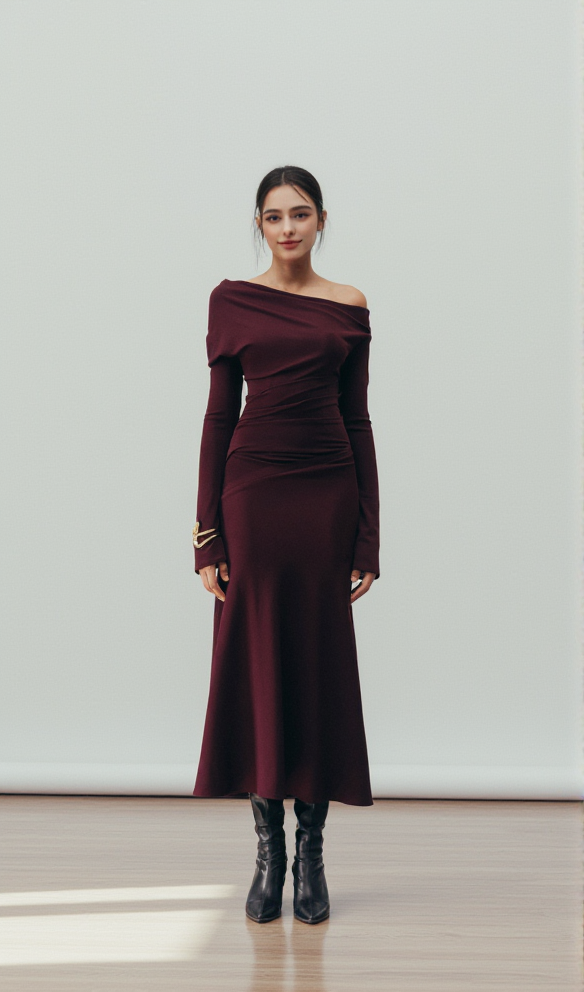 ARIA DRAPED MAXI DRESS IN BURGUNDY