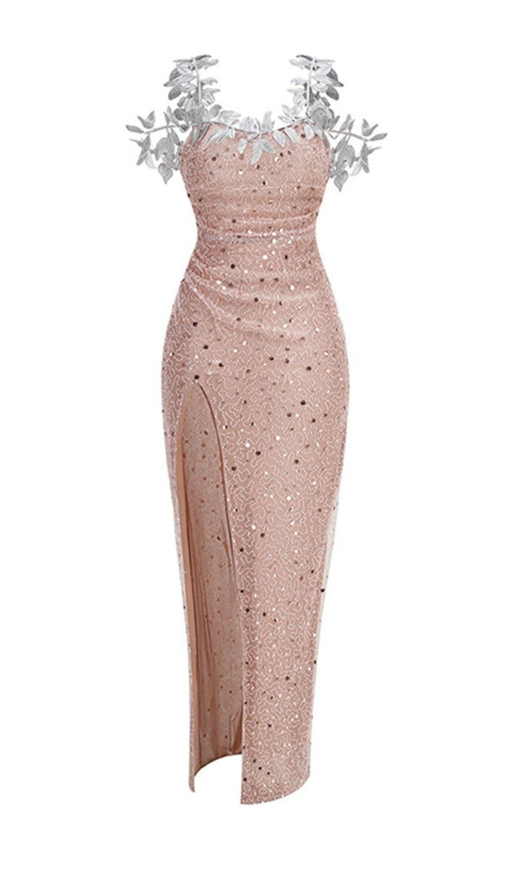 ABITO LUNGO CON PAILLETTES DECORATE CON FOGLIE DI CRISTALLO, COLOR MARRONE CHIARO