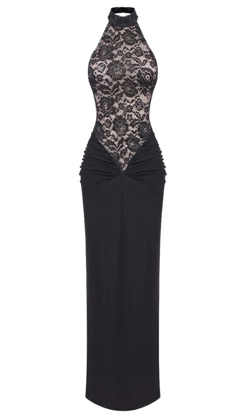 Carol schwarzes Neckholder-Maxikleid mit Spitzenmieder