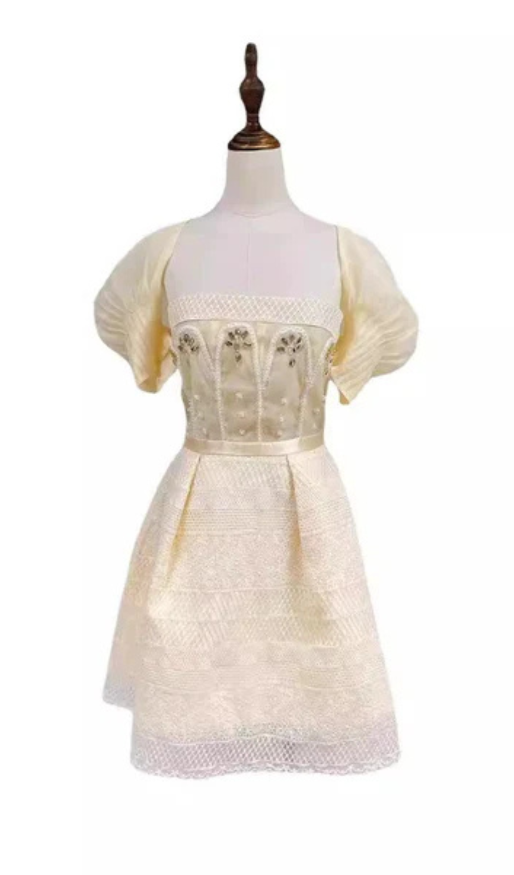 TERESA BEIGE A-LINE STRAIGHT ACROSS NECK LACE MINI DRESS