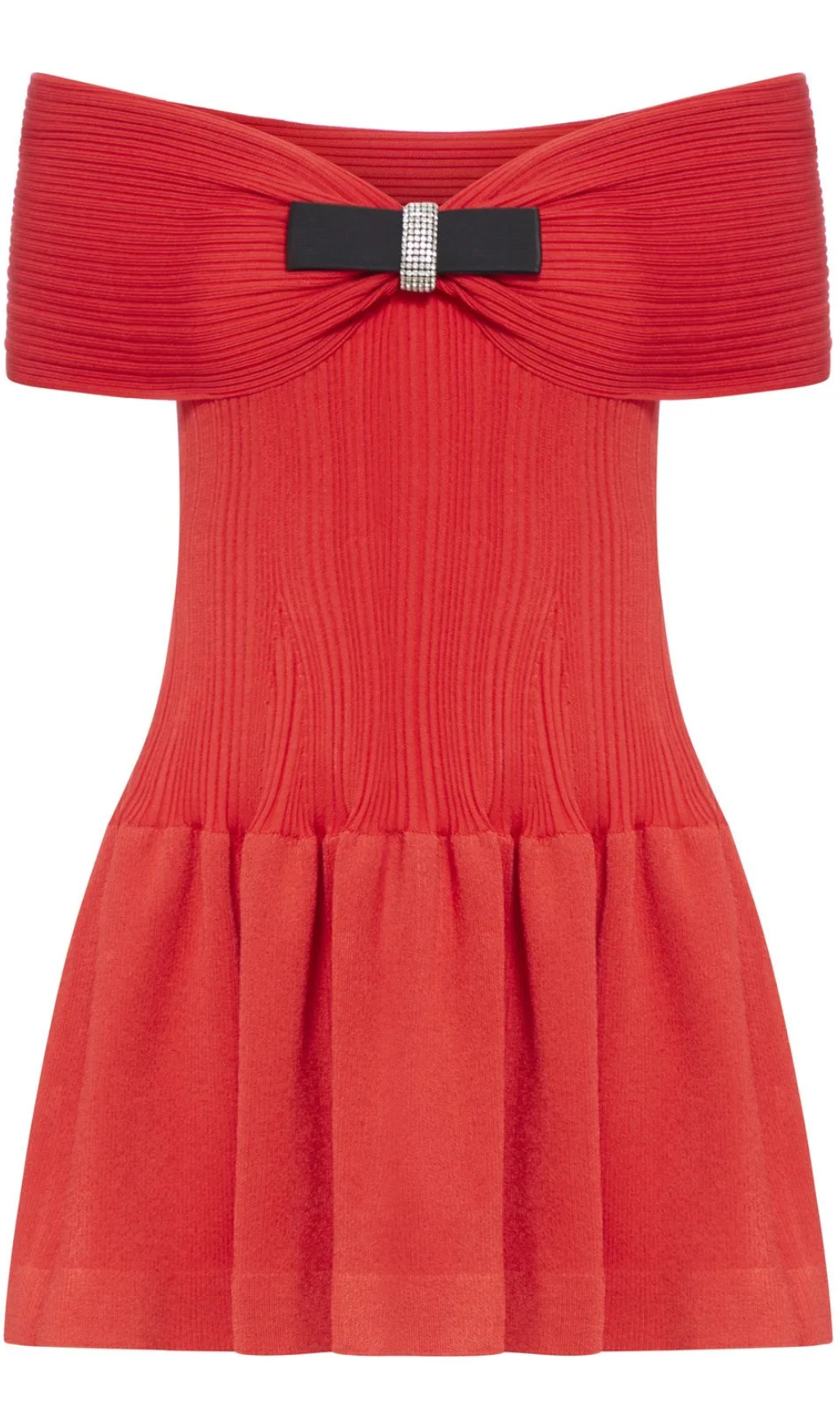 RED OFF-SHOUDER KNIT BOW MINI DRESS