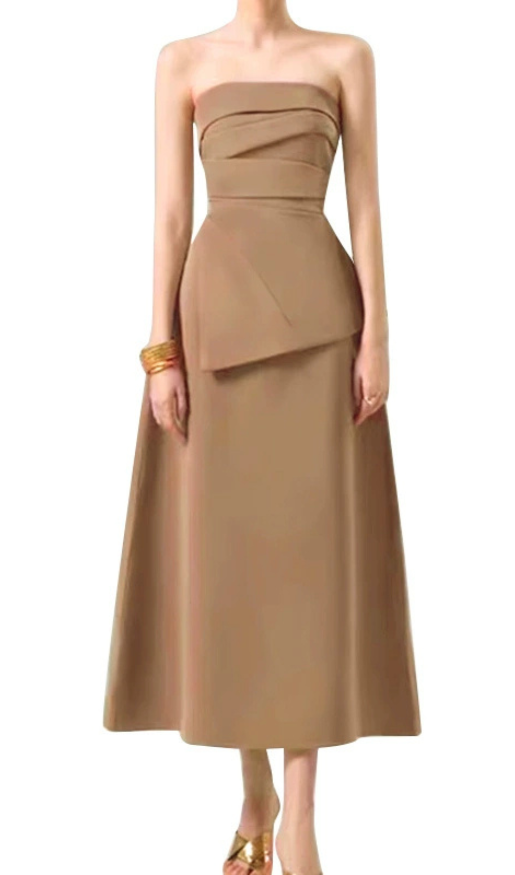 ASYMMETRISCHES MIDI-TUBE-KLEID MIT PLISSEE IN KAHKI