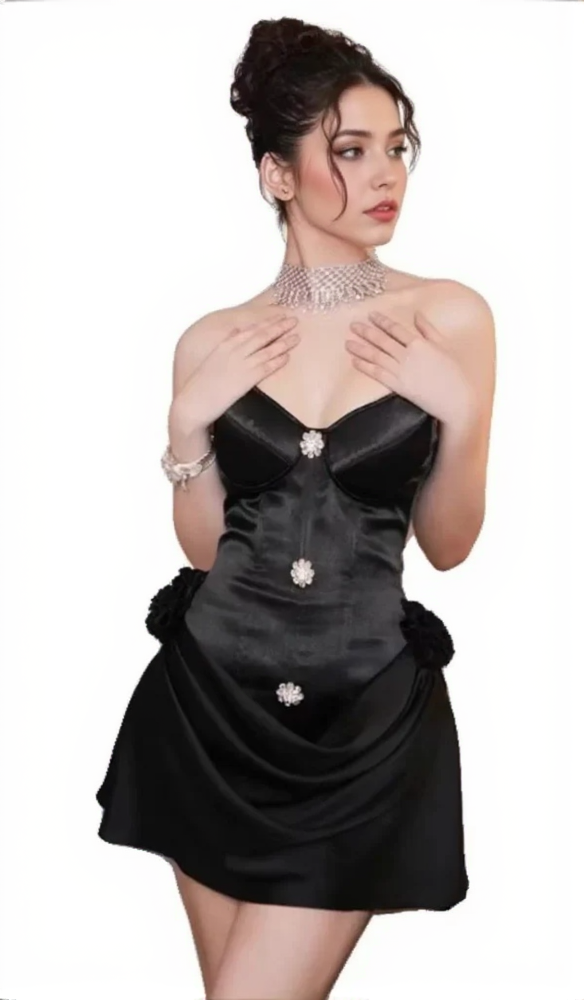 AMEERA BLACK CORSET FLOWER MINI DRESS