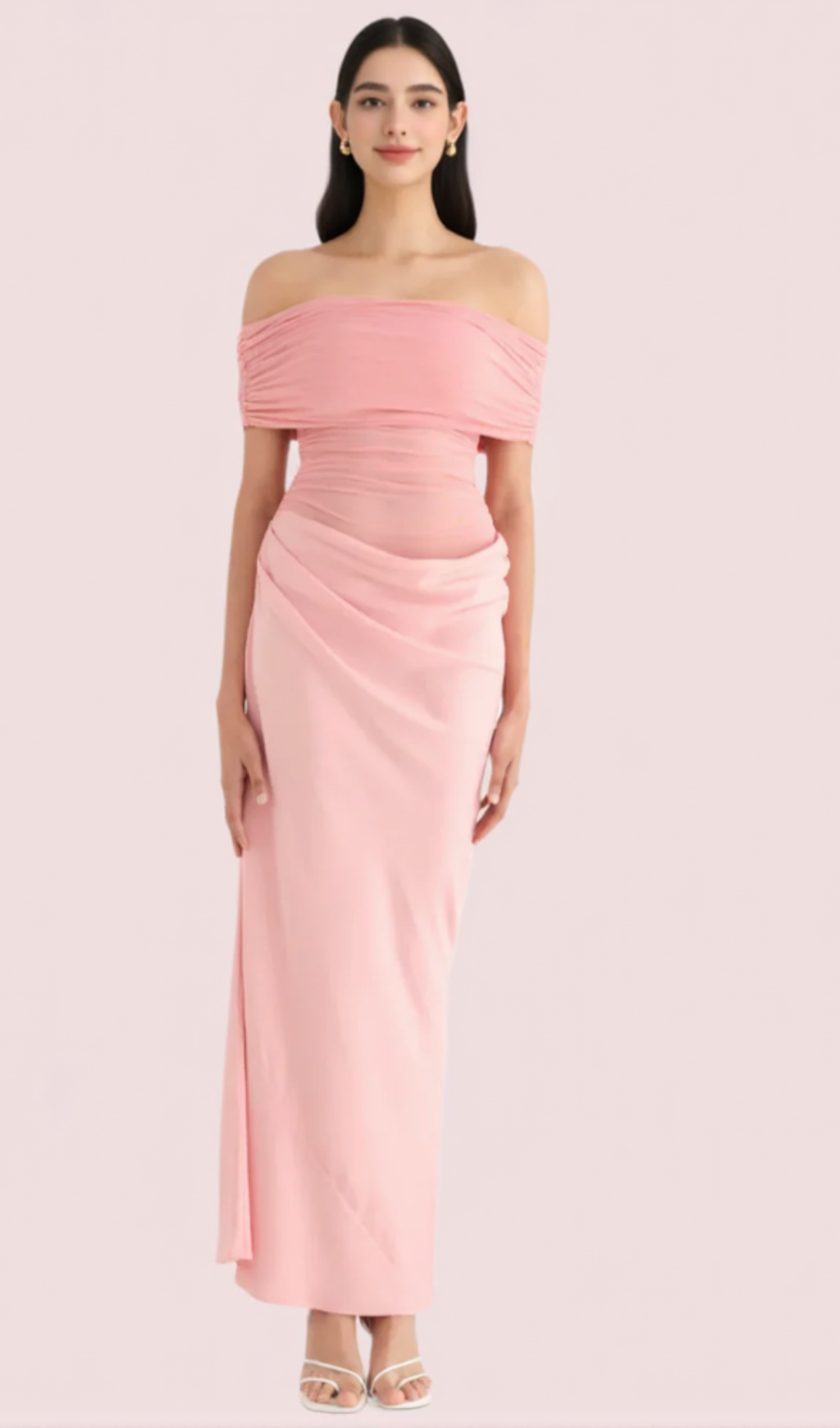 ABITO LUNGO IN RETE CON SPALLE SCOPERTE E RUCHES ROSA REANKO