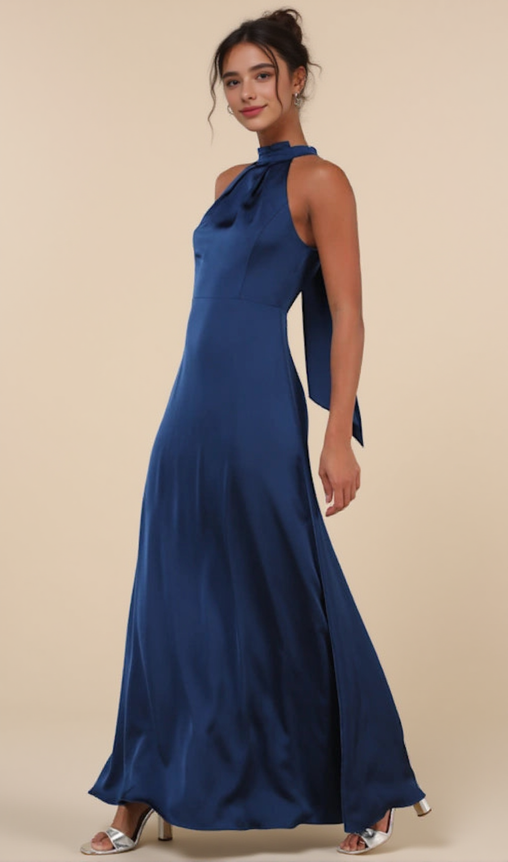 REGAL LOVELINESS BLUE SATIN PLEATED MOCK NECK MAXI DRESS