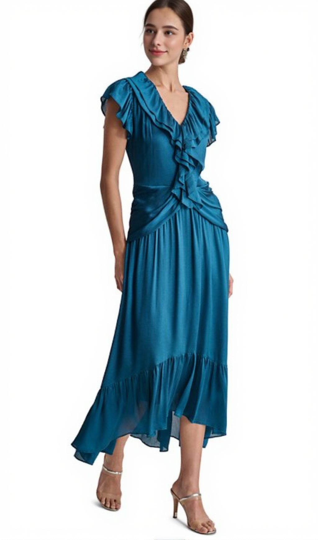 RUFFLED CRINKLE-TEXTURED MAXI DRESS IN DARK BLUE